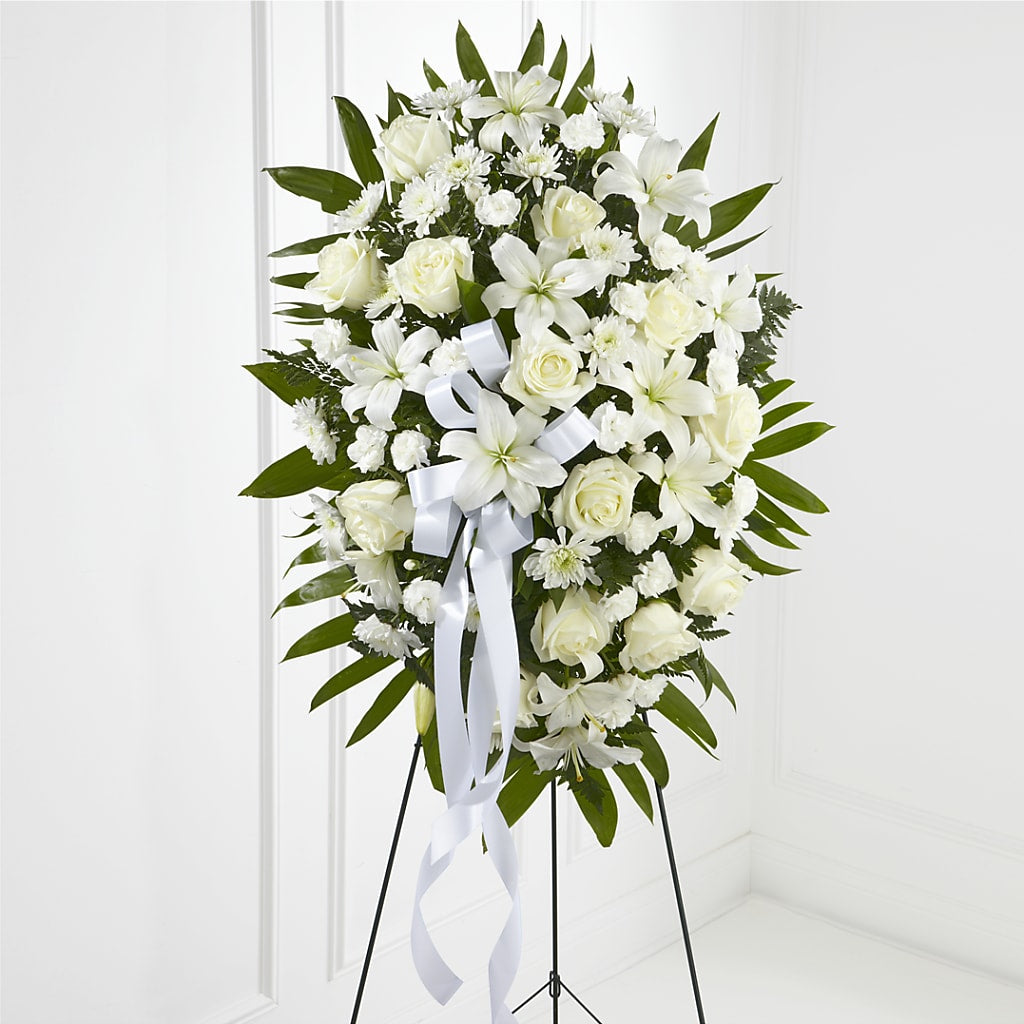 Exquisite Tribute Standing Spray-White Ribbon – A Touch Of Gracious Living, Salem OH